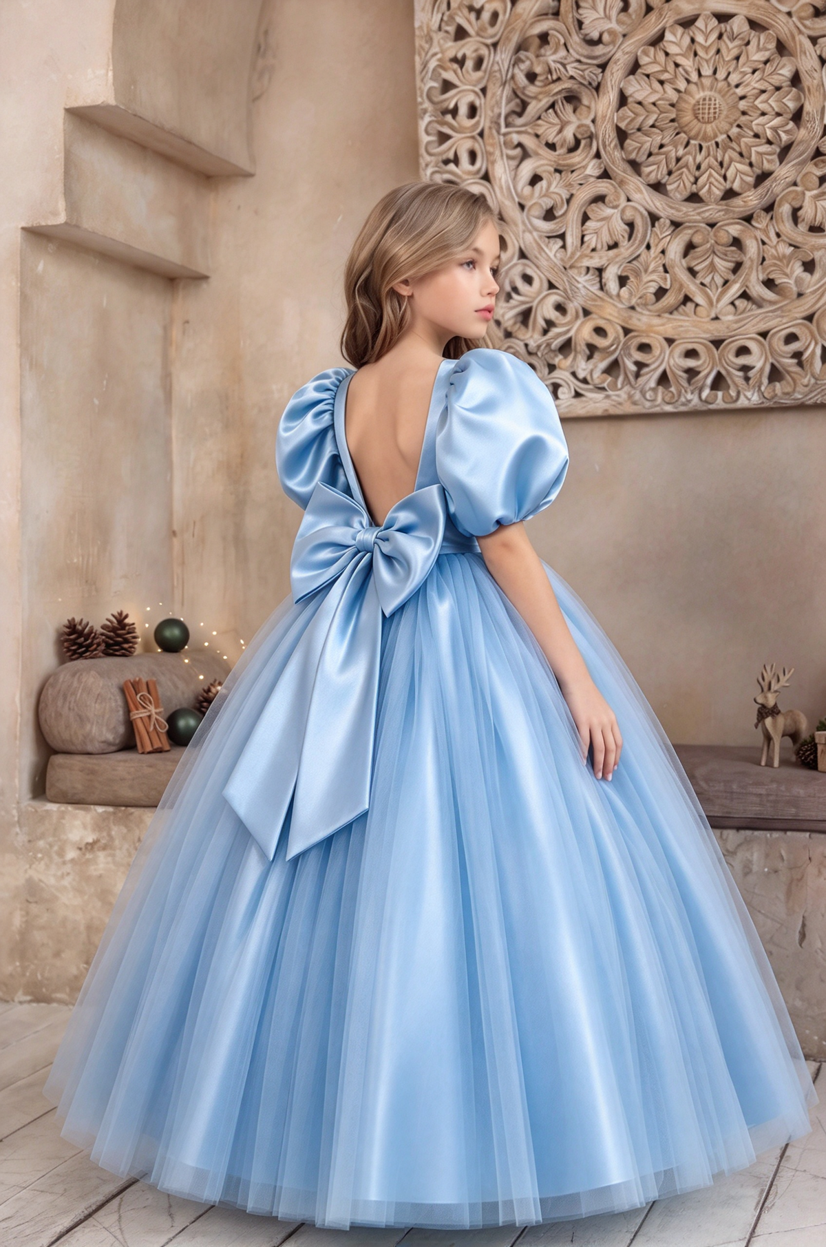 Ivory Satin Puff Sleeve Tulle Big Bow Back Princess Dress