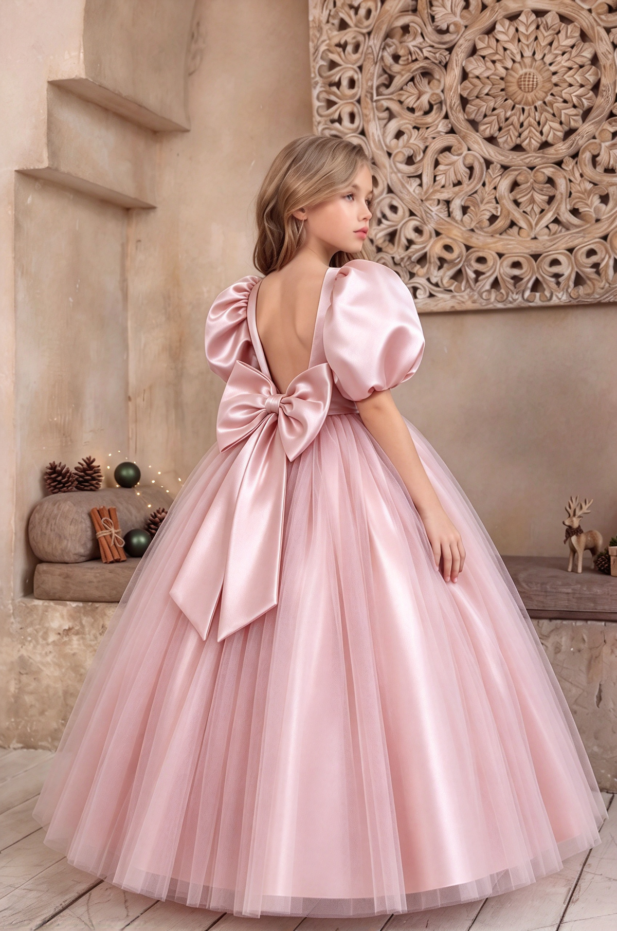 Ivory Satin Puff Sleeve Tulle Big Bow Back Princess Dress