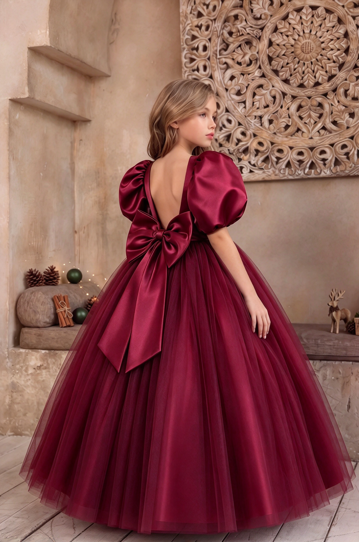 Ivory Satin Puff Sleeve Tulle Big Bow Back Princess Dress