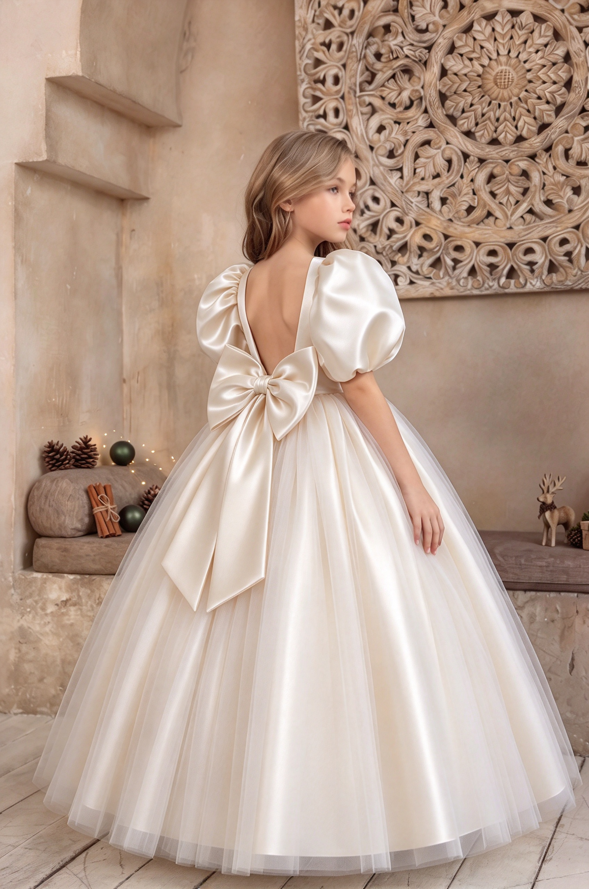 Ivory Satin Puff Sleeve Tulle Big Bow Back Princess Dress