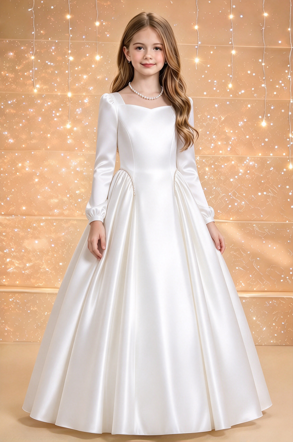 Pink Satin Long Sleeve Square Neck Flowy A-Line Dress