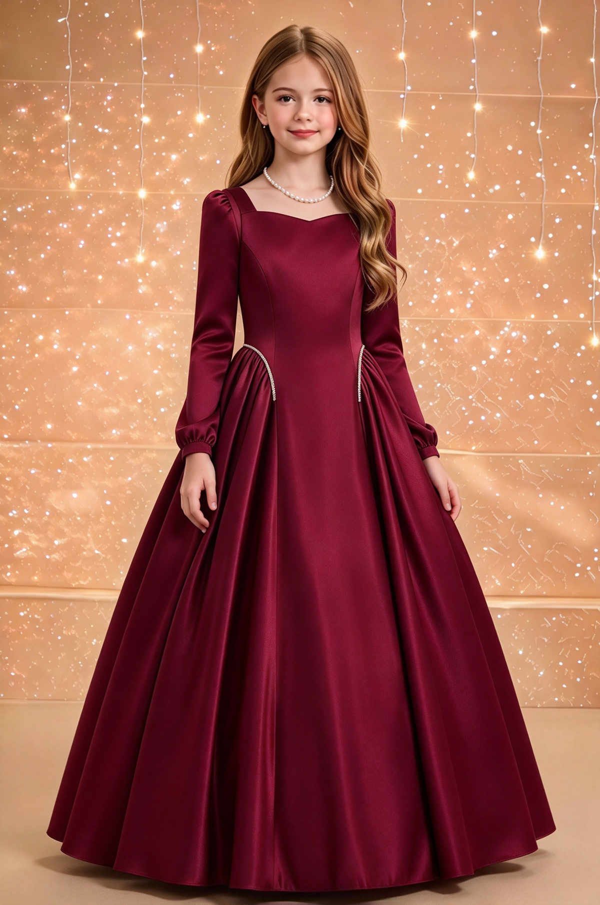 Pink Satin Long Sleeve Square Neck Flowy A-Line Dress