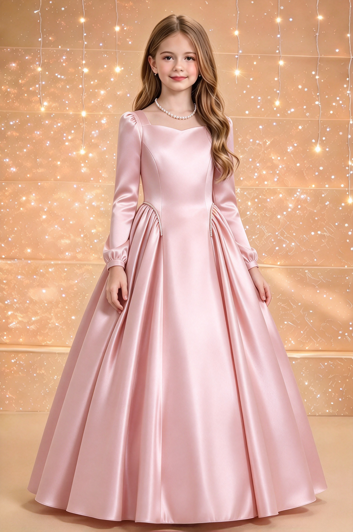 Pink Satin Long Sleeve Square Neck Flowy A-Line Dress