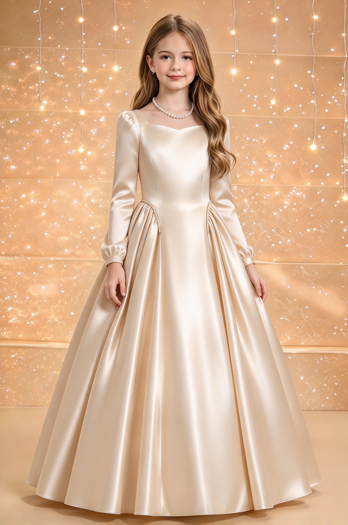 Pink Satin Long Sleeve Square Neck Flowy A-Line Dress