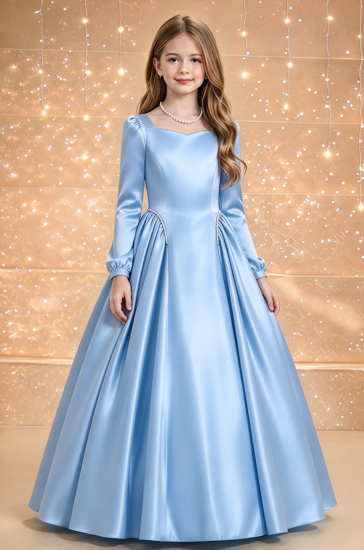 Pink Satin Long Sleeve Square Neck Flowy A-Line Dress