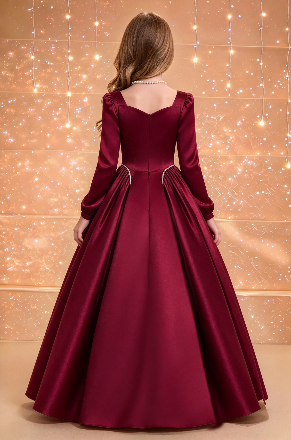 Pink Satin Long Sleeve Square Neck Flowy A-Line Dress