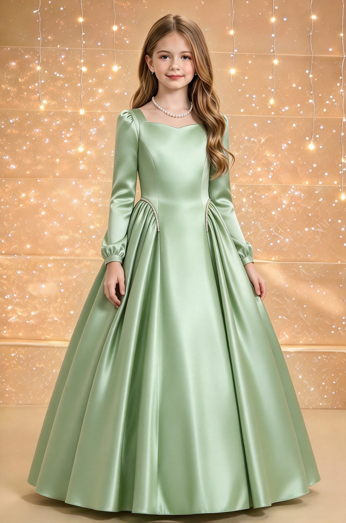 Pink Satin Long Sleeve Square Neck Flowy A-Line Dress