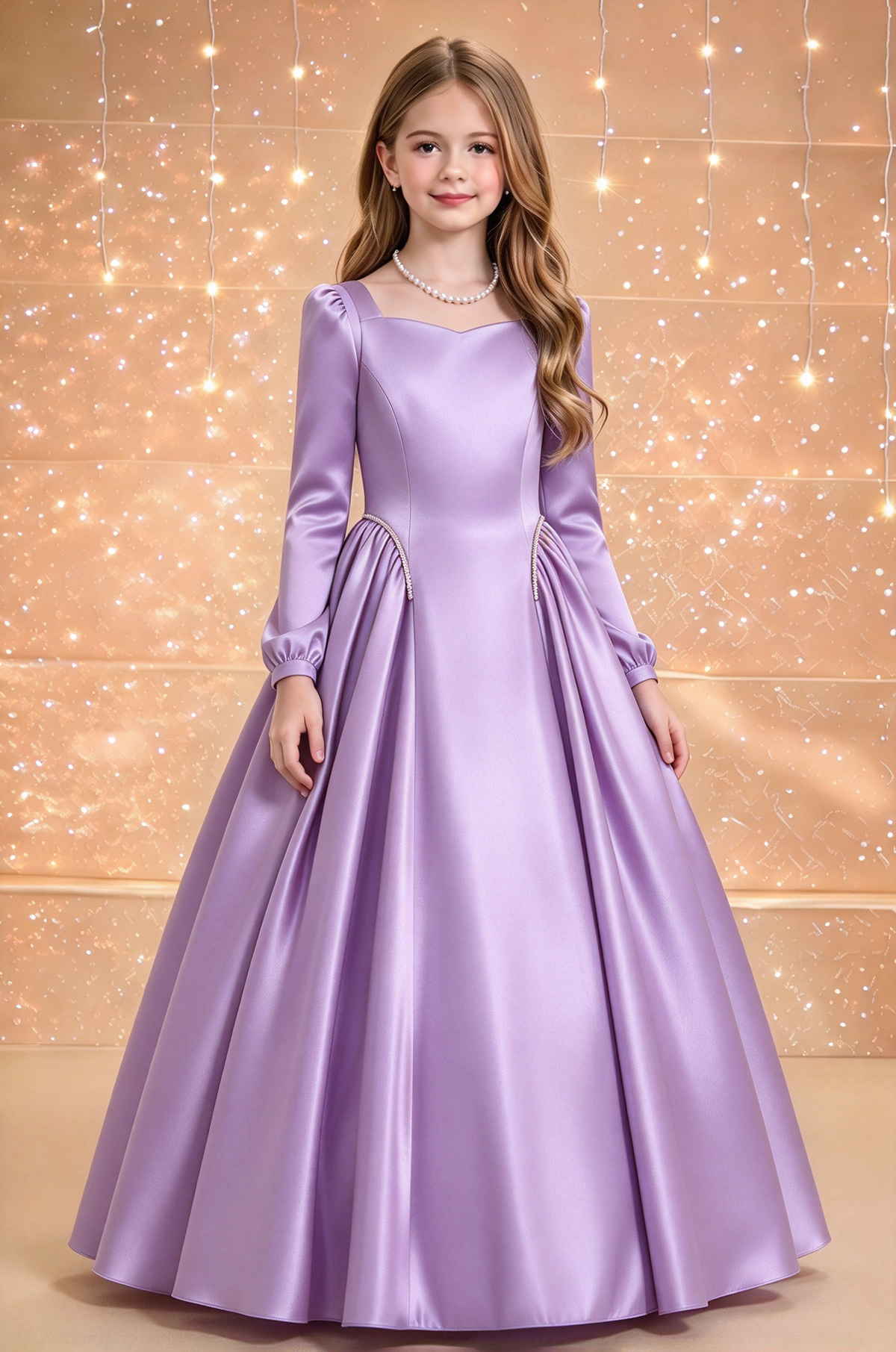 Pink Satin Long Sleeve Square Neck Flowy A-Line Dress