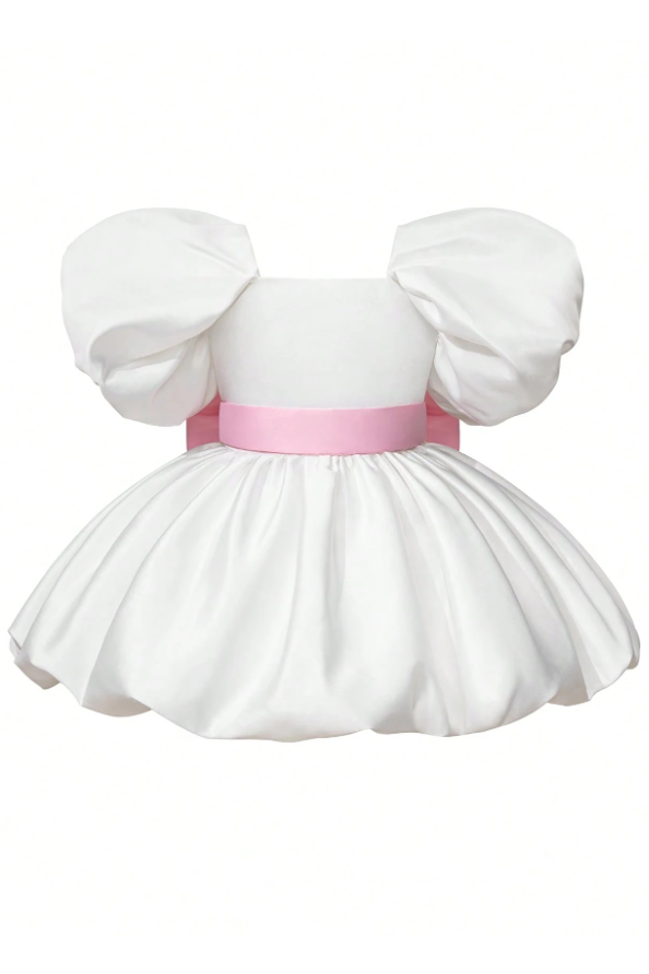 White & Pink Satin Bow Puff Sleeve Dress