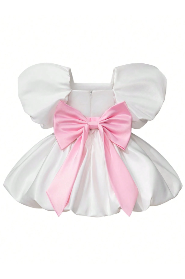 White & Pink Satin Bow Puff Sleeve Dress