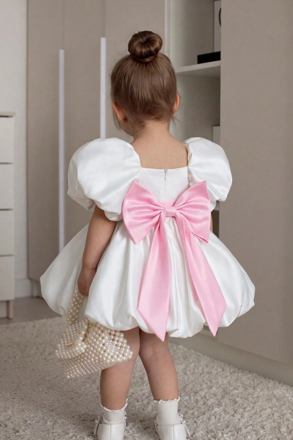 White & Pink Satin Bow Puff Sleeve Dress