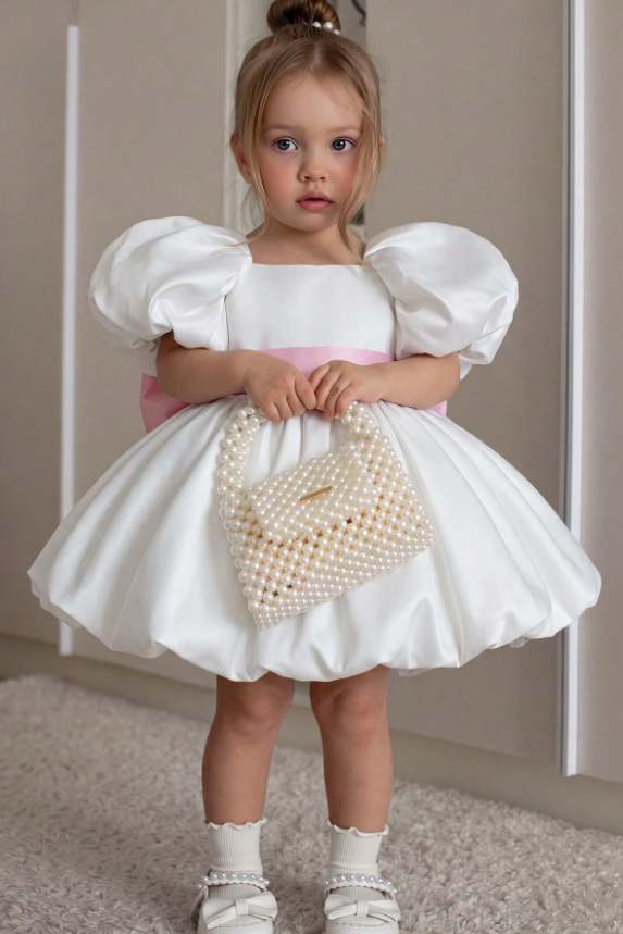 White & Pink Satin Bow Puff Sleeve Dress