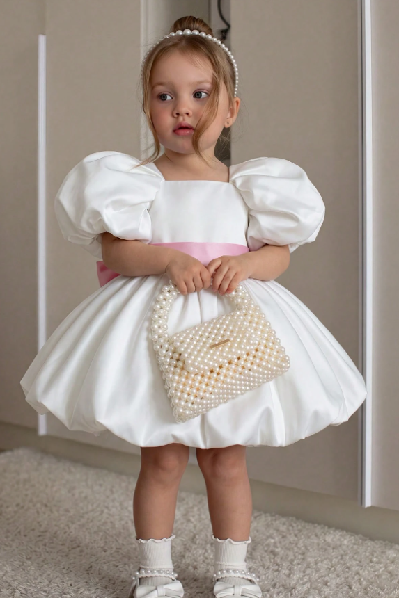 White & Pink Satin Bow Puff Sleeve Dress