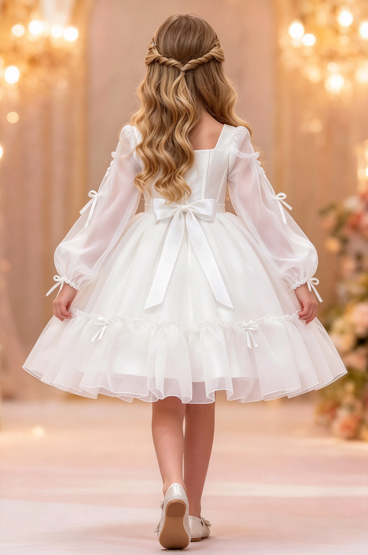 White Chiffon Puff Sleeve Bow Trimmed Layered Tulle Dress