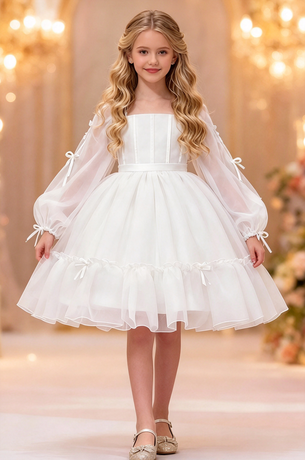 White Chiffon Puff Sleeve Bow Trimmed Layered Tulle Dress