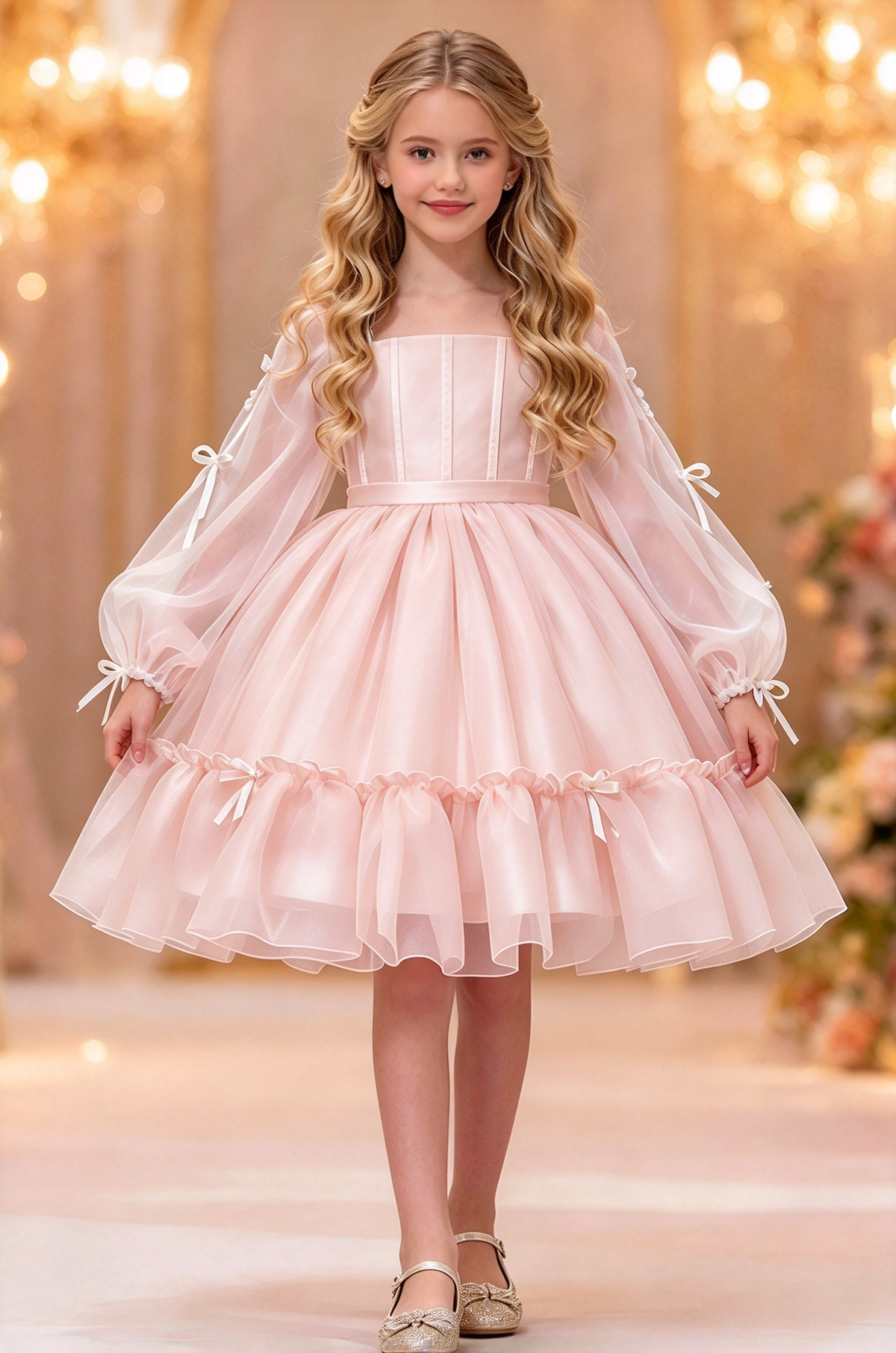 White Chiffon Puff Sleeve Bow Trimmed Layered Tulle Dress