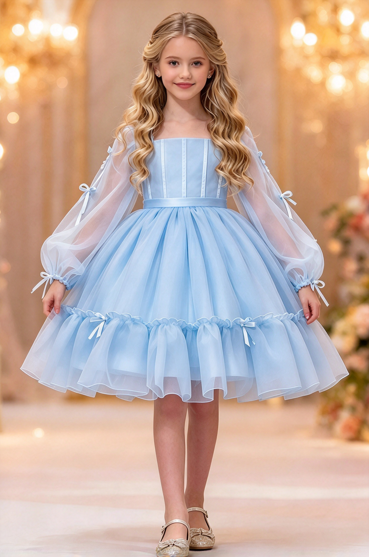 White Chiffon Puff Sleeve Bow Trimmed Layered Tulle Dress