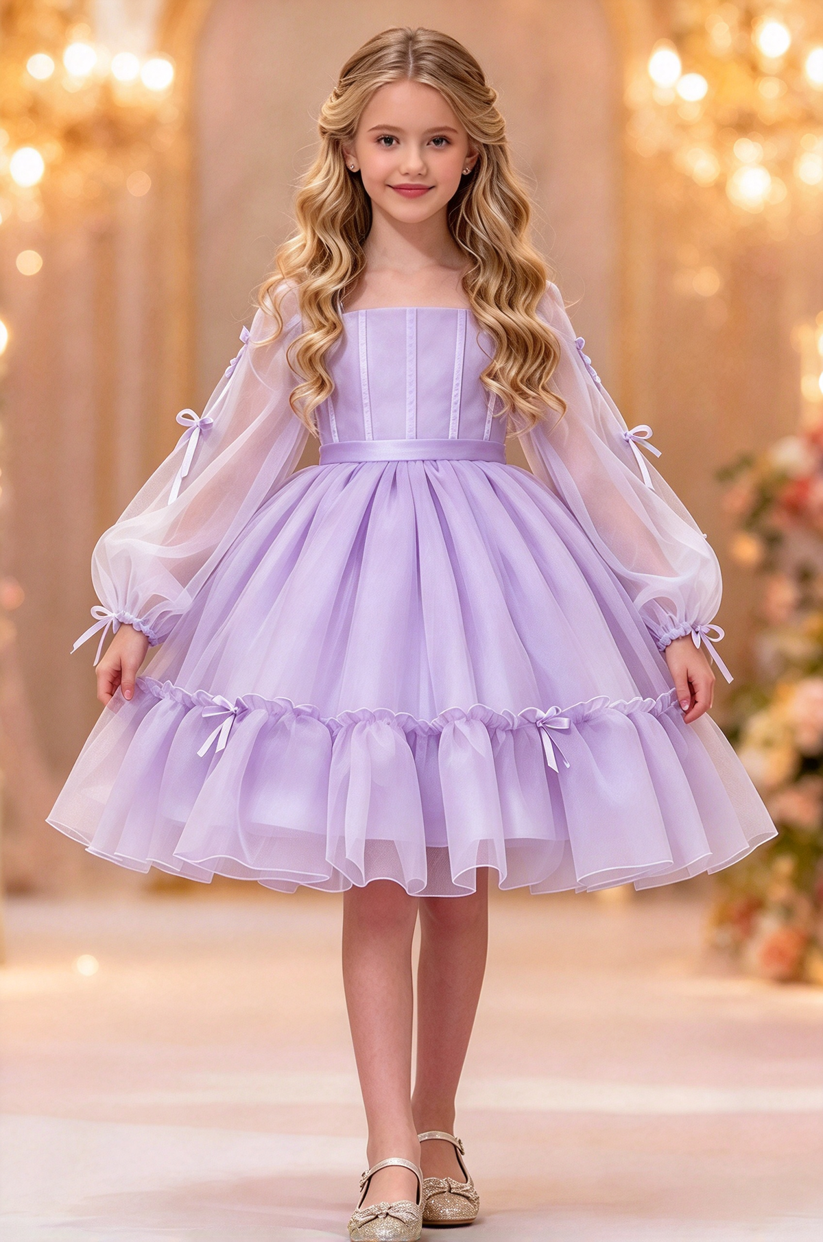 White Chiffon Puff Sleeve Bow Trimmed Layered Tulle Dress