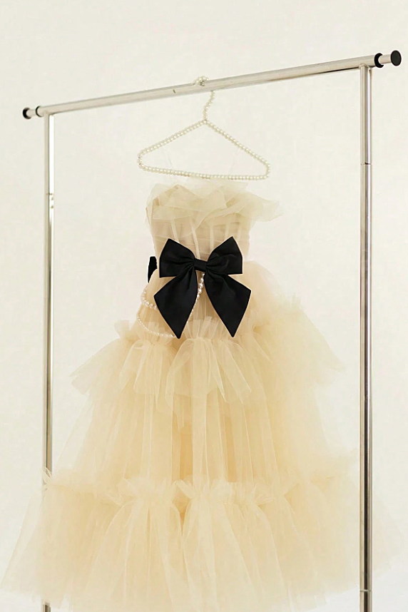 Apricot Pearl Tulle Black Velvet Boned Cake Dress