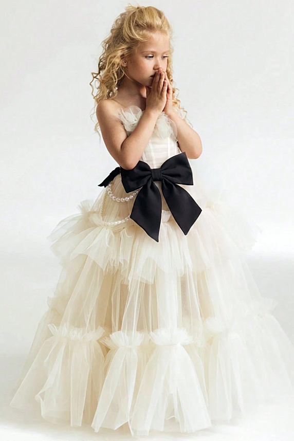Apricot Pearl Tulle Black Velvet Boned Cake Dress