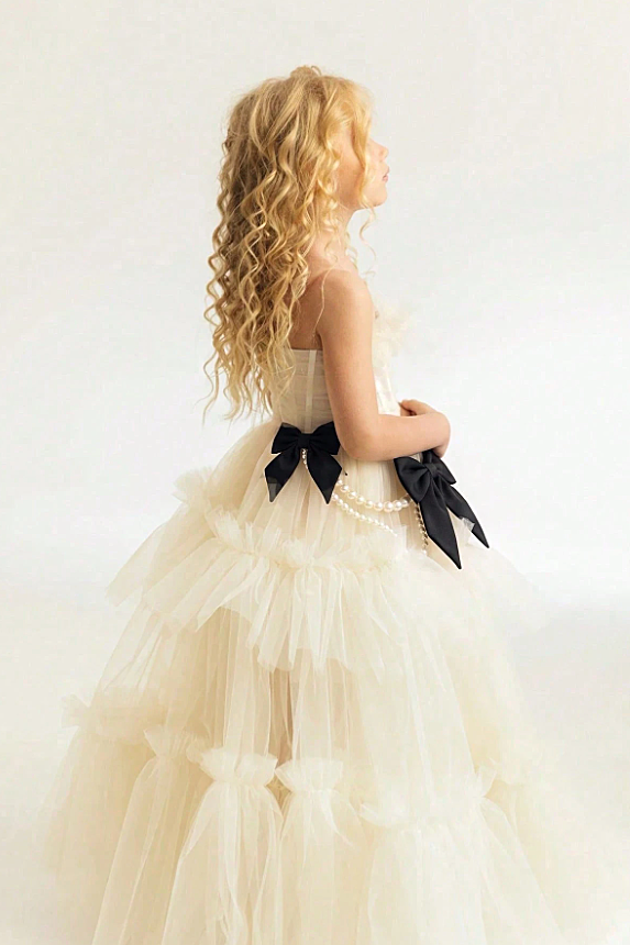 Apricot Pearl Tulle Black Velvet Boned Cake Dress
