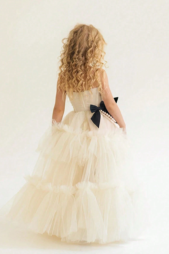 Apricot Pearl Tulle Black Velvet Boned Cake Dress