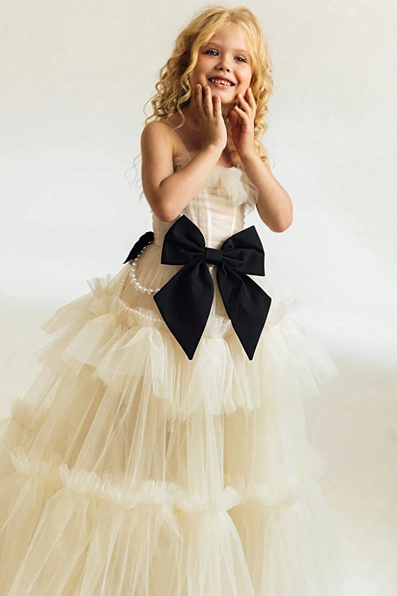 Apricot Pearl Tulle Black Velvet Boned Cake Dress
