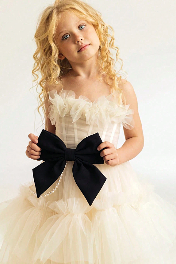 Apricot Pearl Tulle Black Velvet Boned Cake Dress