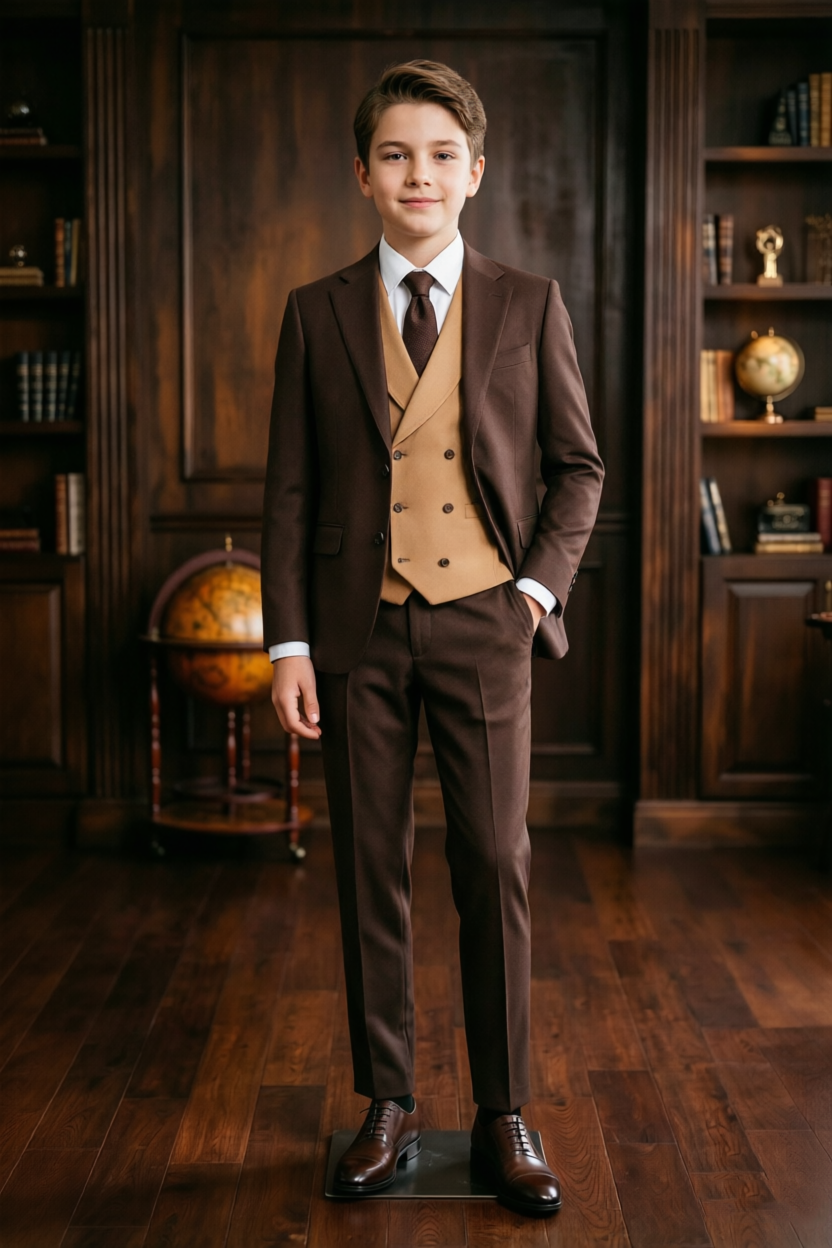 Dark Brown & Camel Double Breasted Suit 3 Piece Set