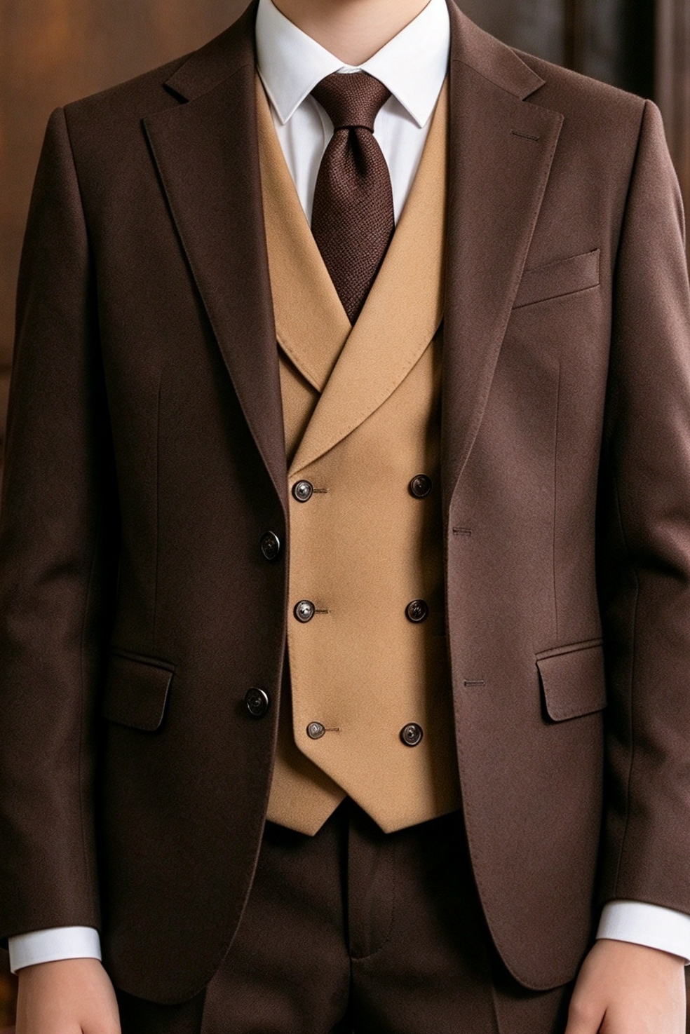 Dark Brown & Camel Double Breasted Suit 3 Piece Set