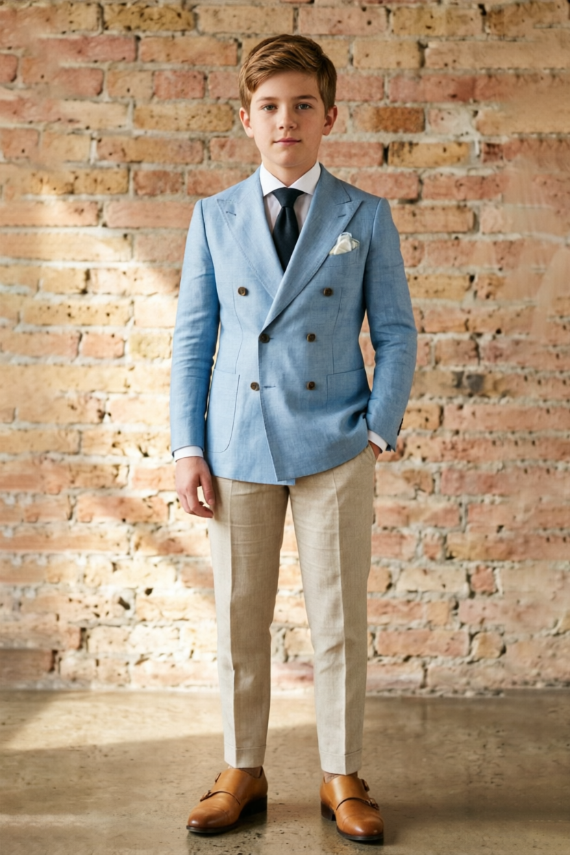 Sky Blue & Beige Cotton-Blend Double Breasted Suit 2 Piece Set