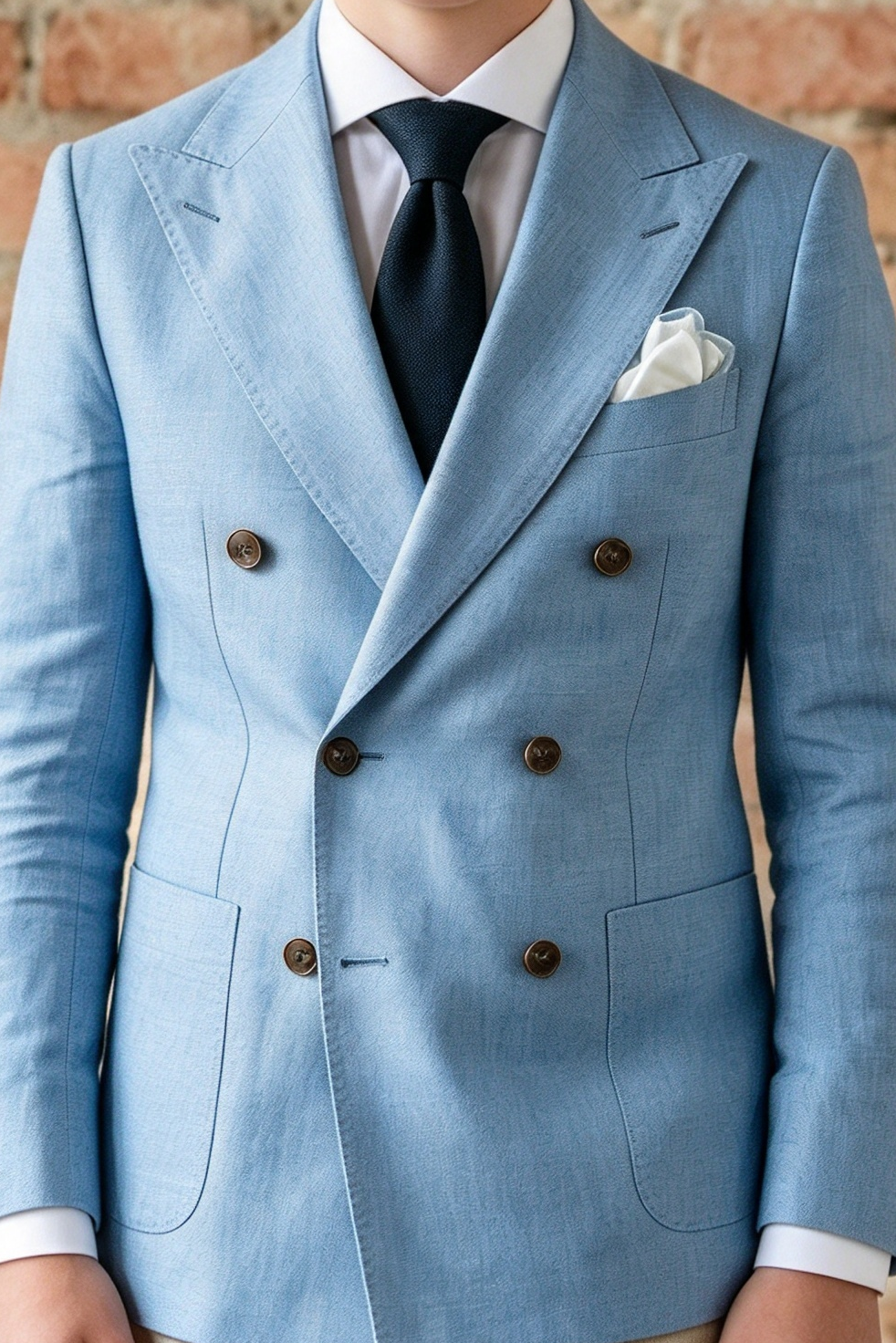 Sky Blue & Beige Cotton-Blend Double Breasted Suit 2 Piece Set