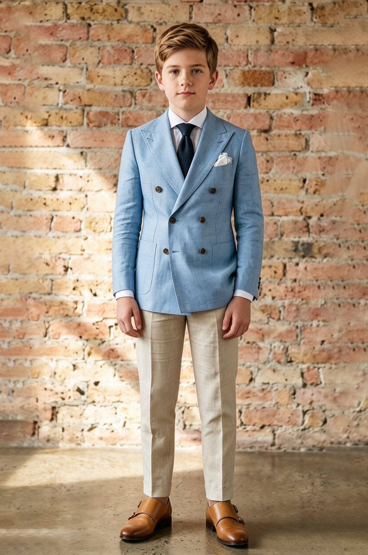 Sky Blue & Beige Cotton-Blend Double Breasted Suit 2 Piece Set