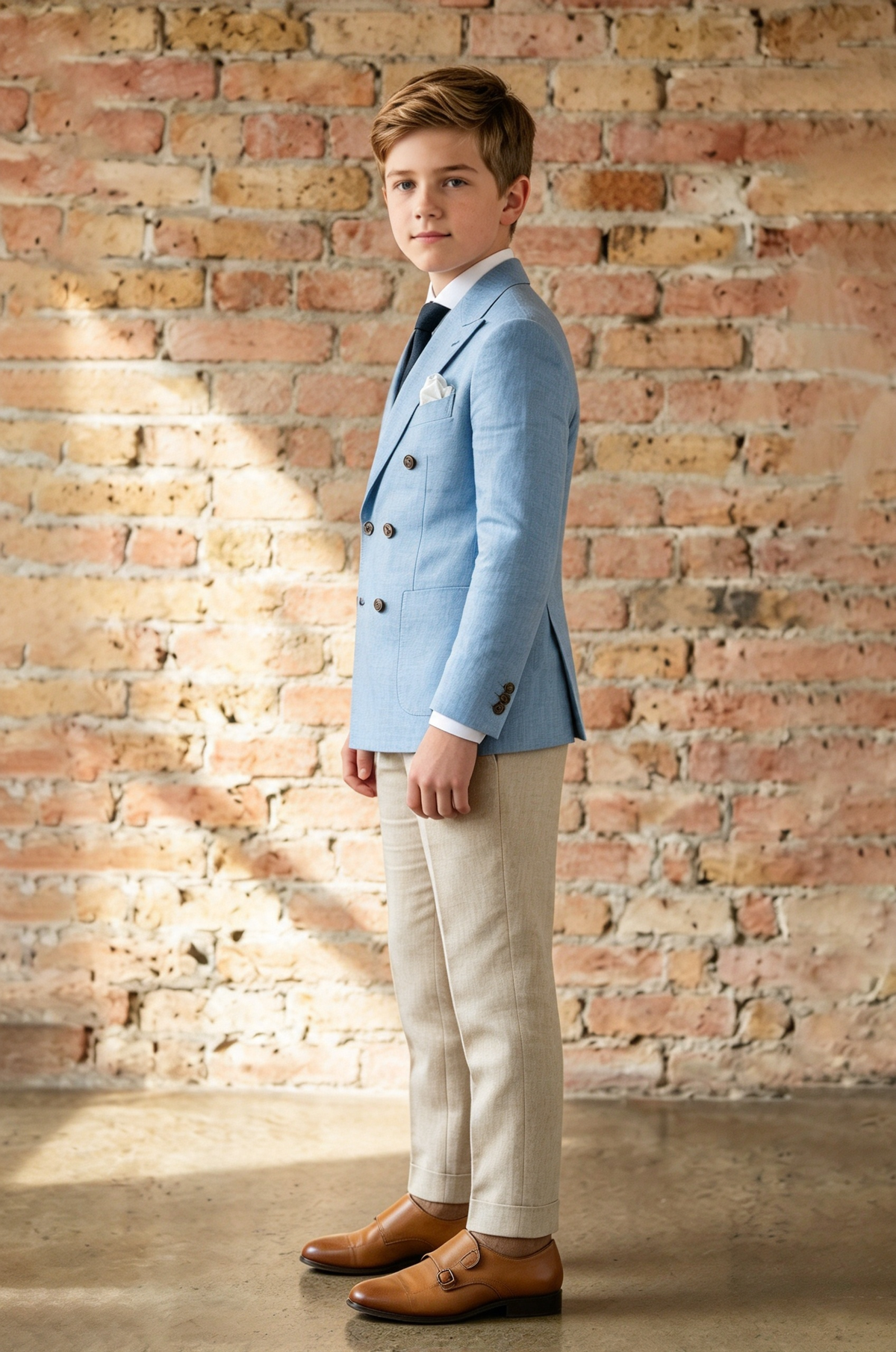 Sky Blue & Beige Cotton-Blend Double Breasted Suit 2 Piece Set