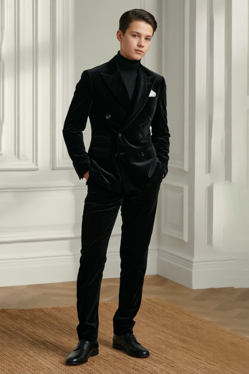Black Velvet Double Breasted Suit 2 Piece Set