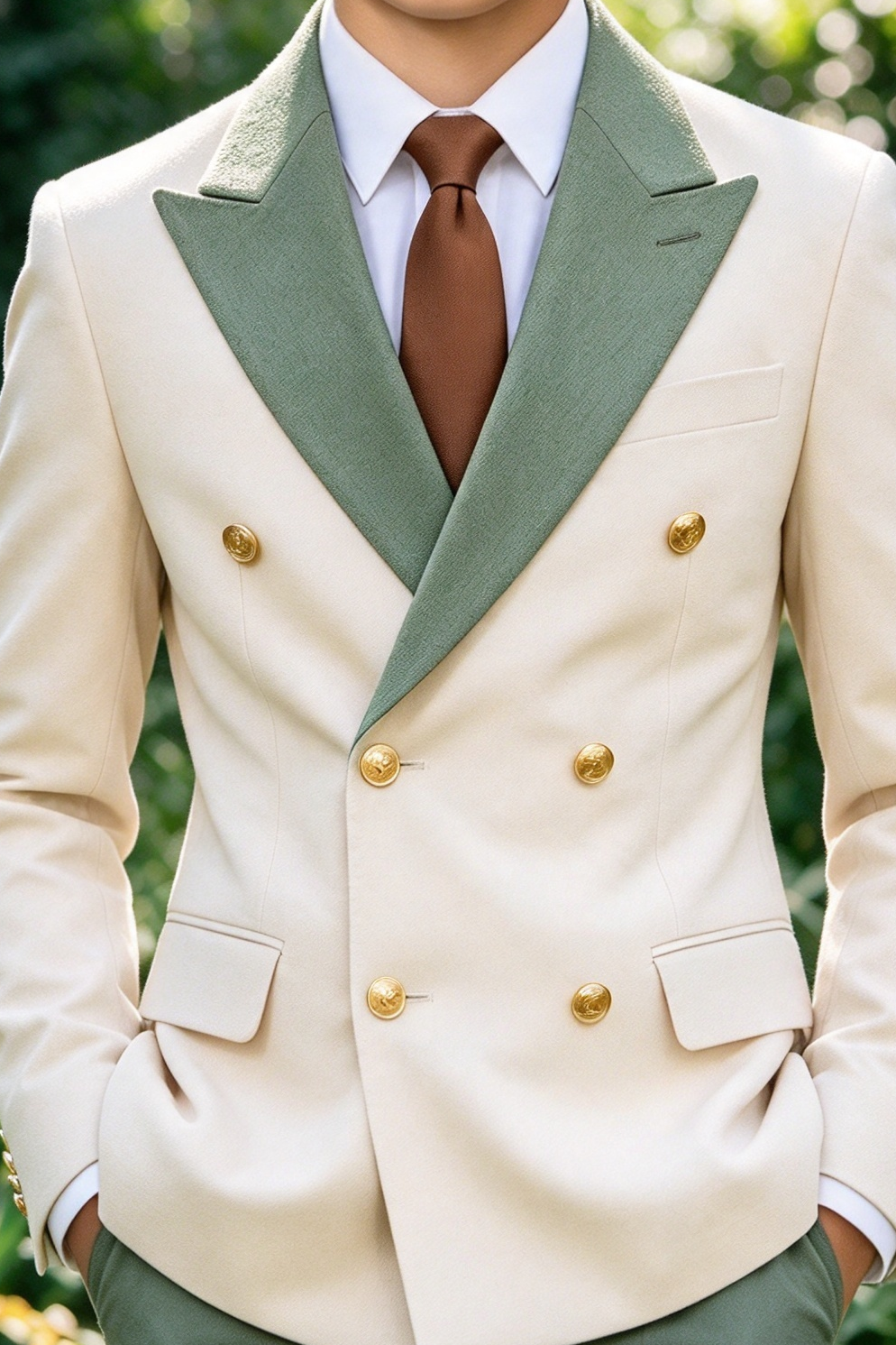 Ivory & Sage Green Double Breasted Suit 2 Piece Set