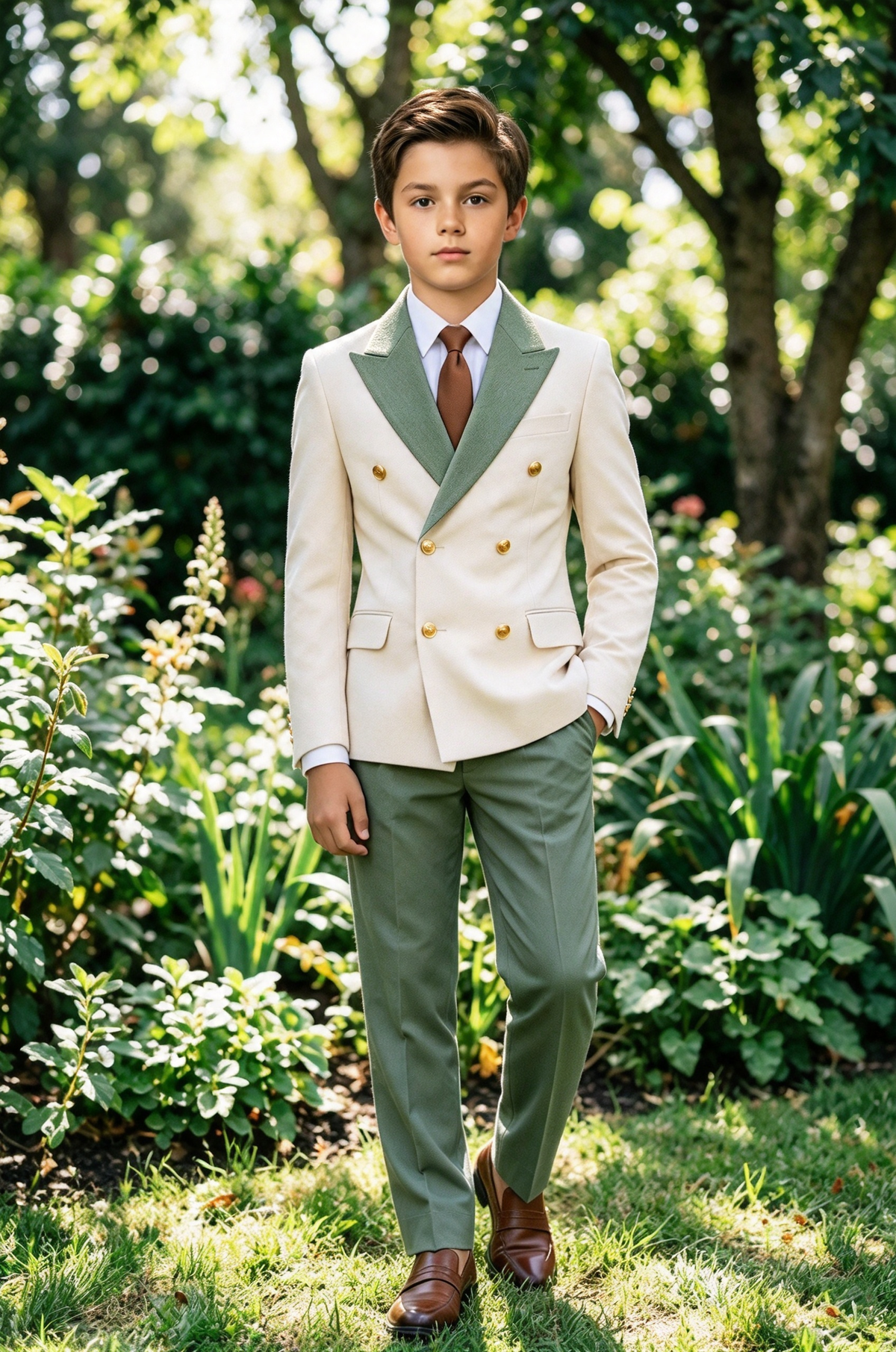 Ivory & Sage Green Double Breasted Suit 2 Piece Set