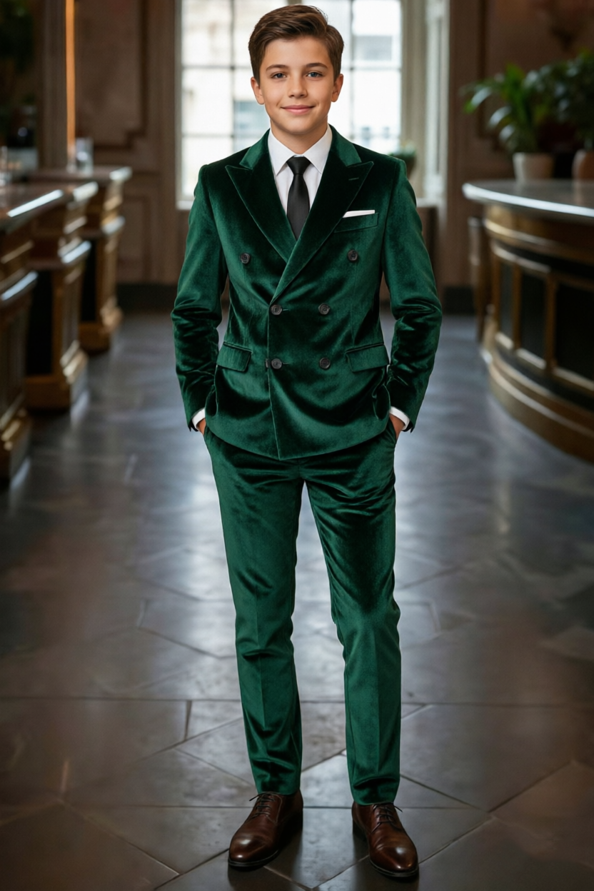 Dark Green Velvet Double Breasted Suit 2 Piece Set
