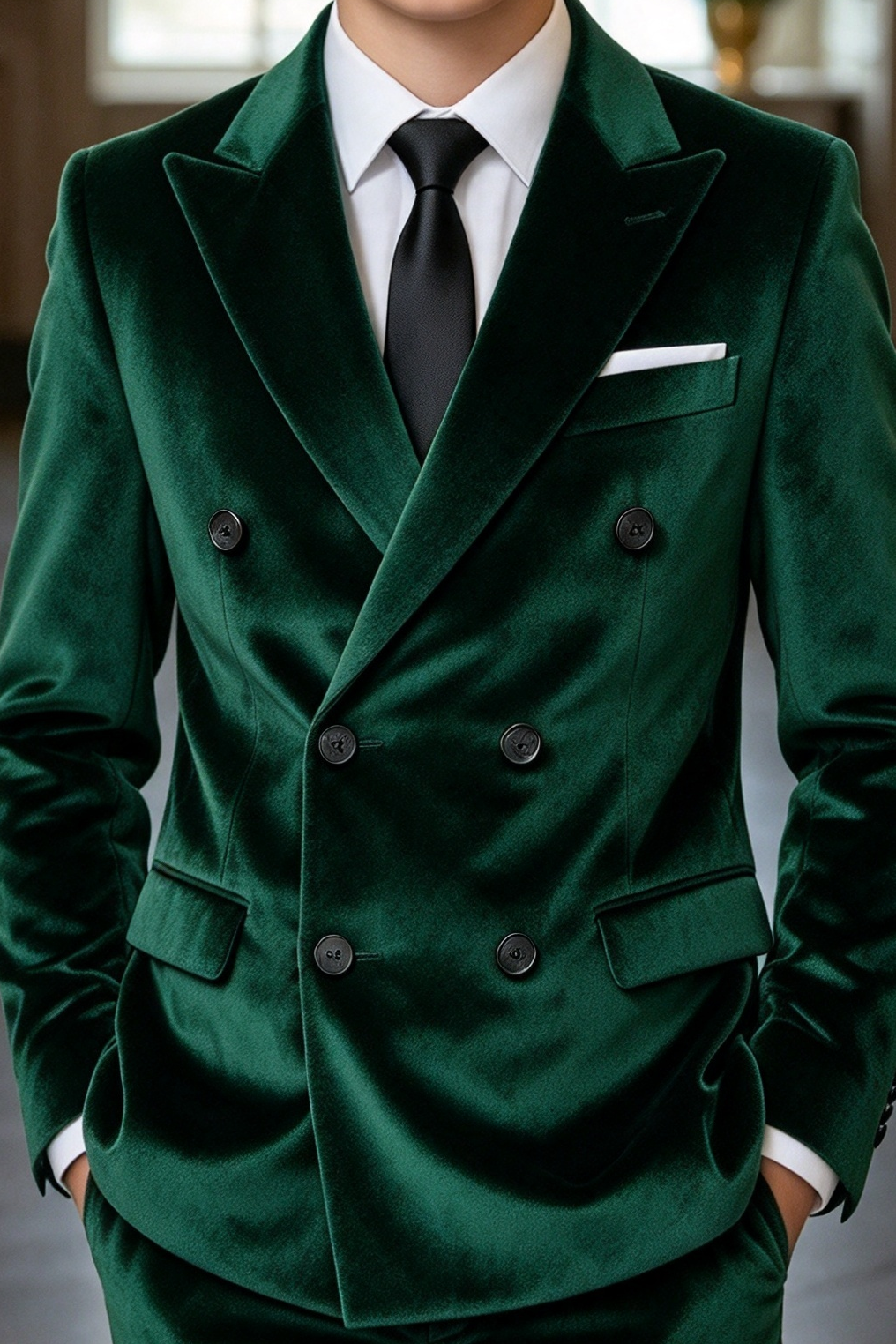 Dark Green Velvet Double Breasted Suit 2 Piece Set