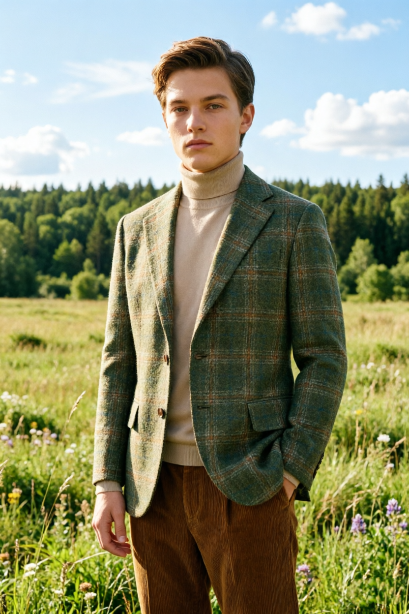 Green & Brown Plaid Single Breasted Blazer