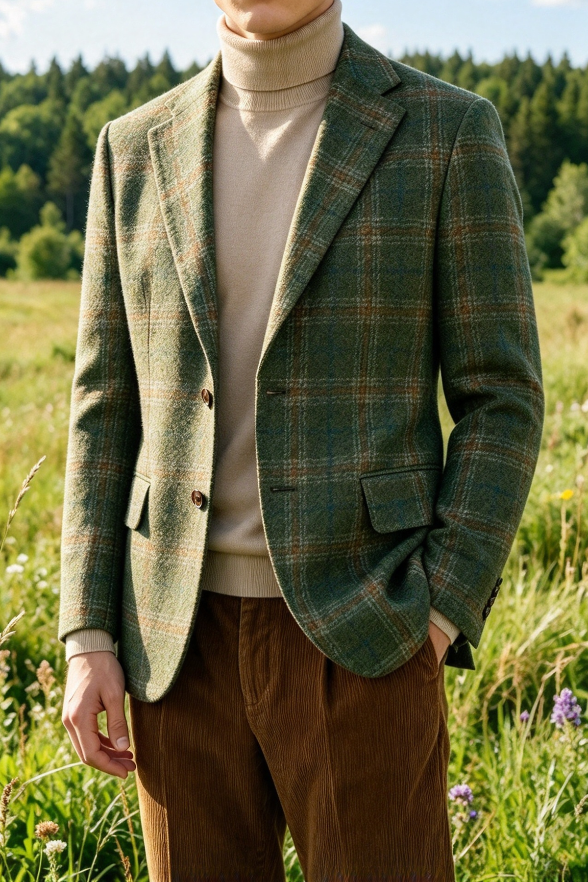 Green & Brown Plaid Single Breasted Blazer