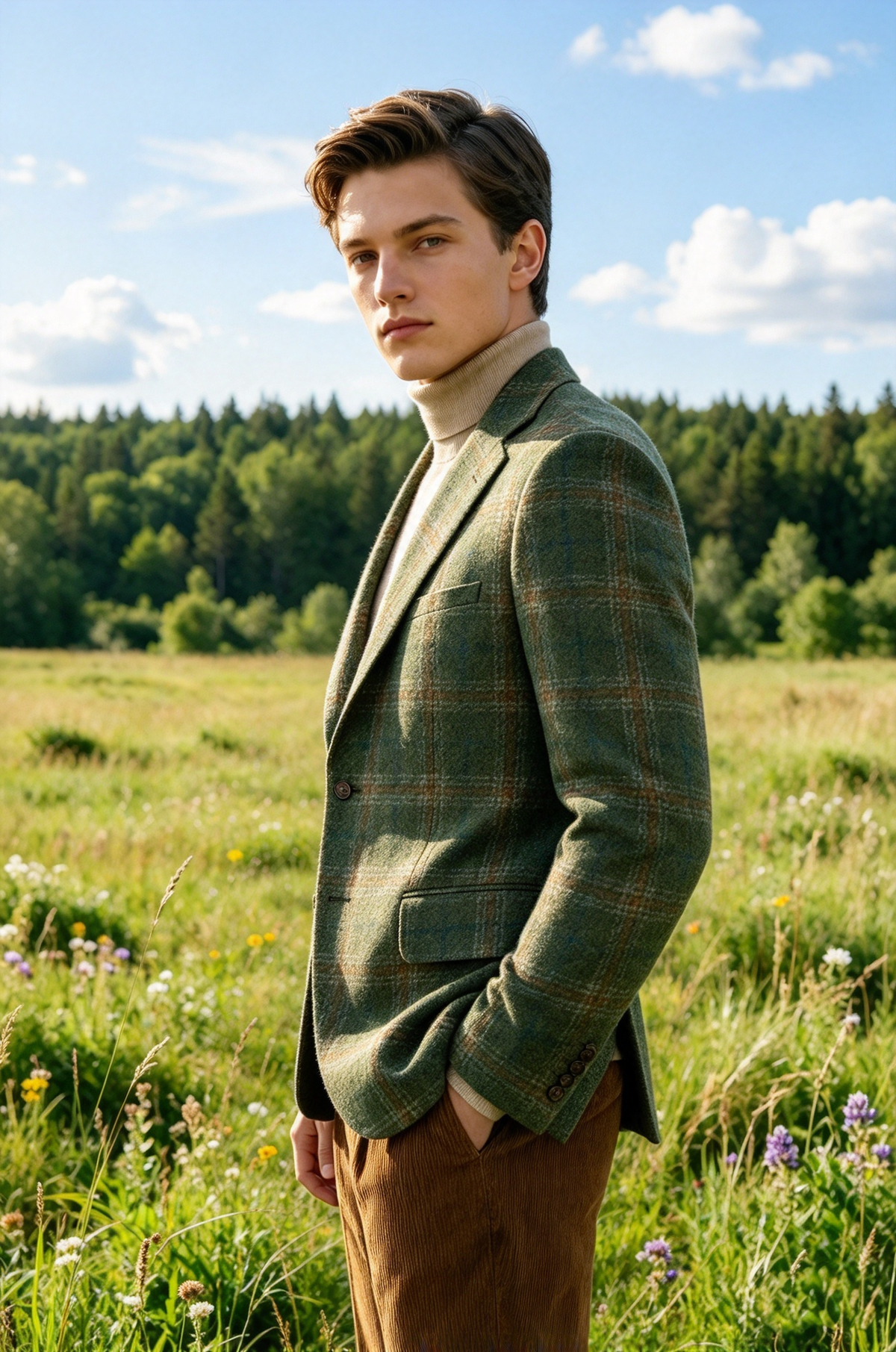 Green & Brown Plaid Single Breasted Blazer
