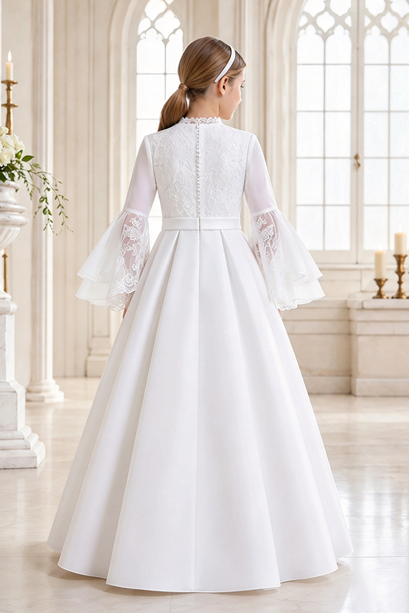 Girls White Lace Bell Sleeve Dress for Weddings