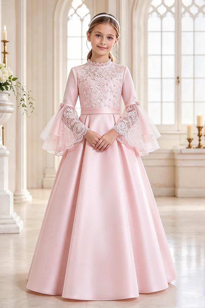 Girls White Lace Bell Sleeve Dress for Weddings