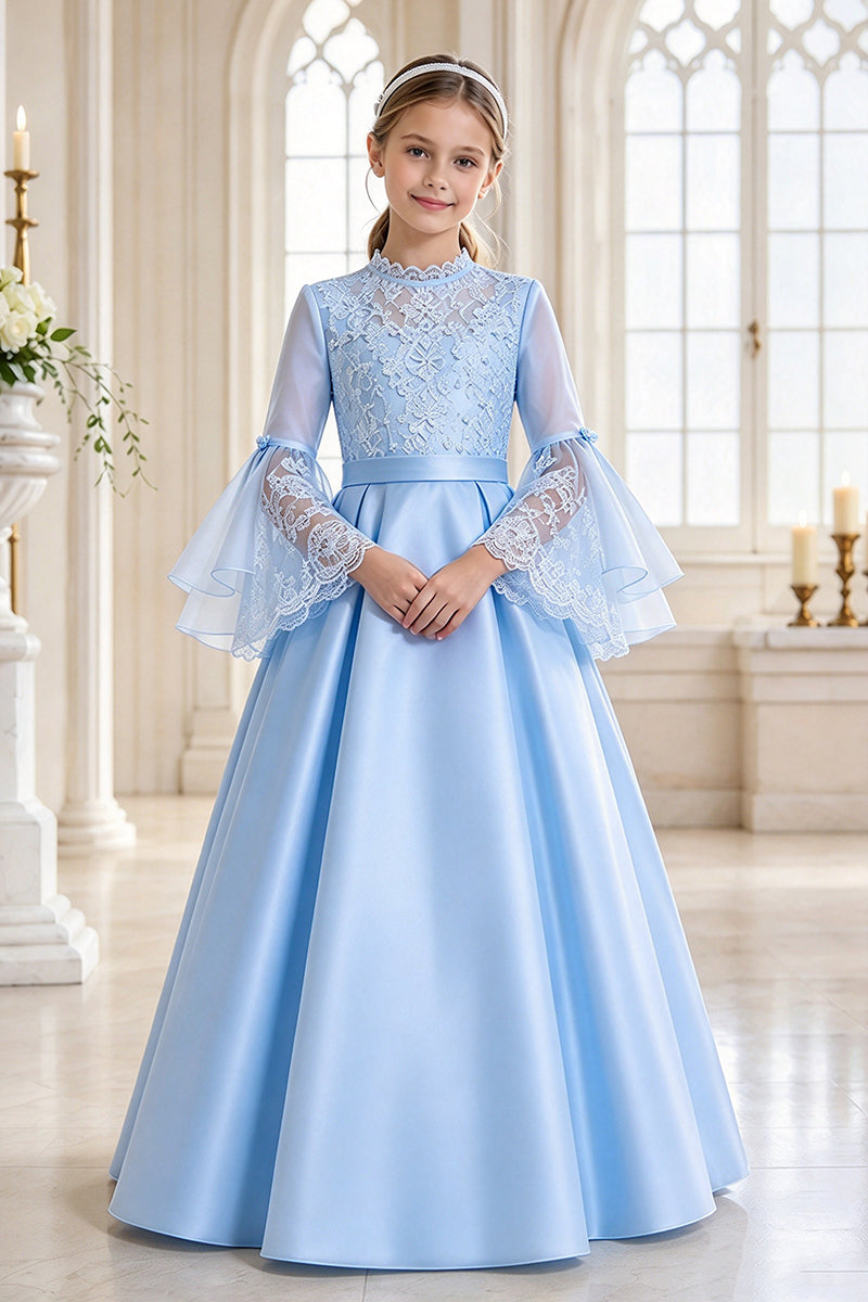 Girls White Lace Bell Sleeve Dress for Weddings