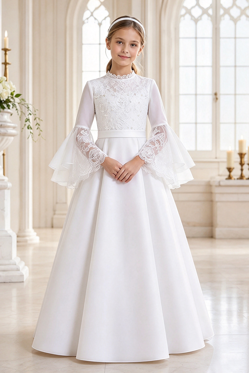 Girls White Lace Bell Sleeve Dress for Weddings