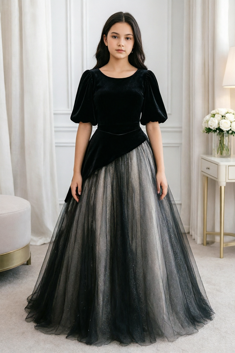 Girls Black Velvet Tulle Dress for Weddings