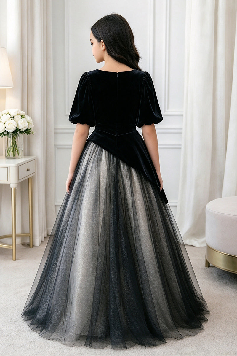 Girls Black Velvet Tulle Dress for Weddings