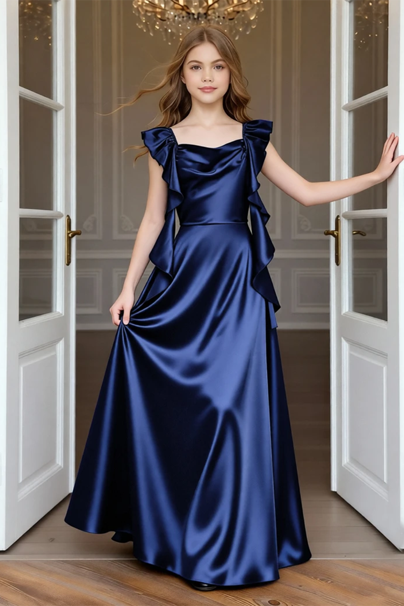 Girls Navy Satin Long Dress for Weddings