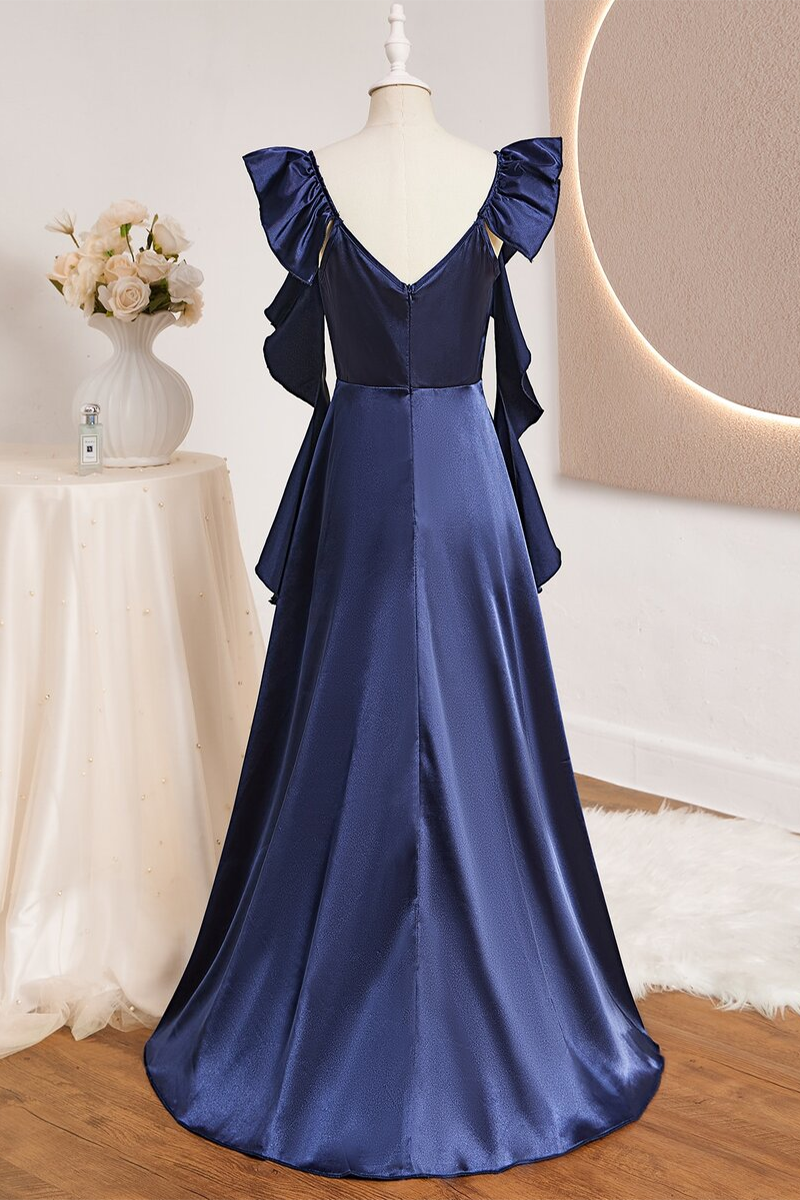 Girls Navy Satin Long Dress for Weddings
